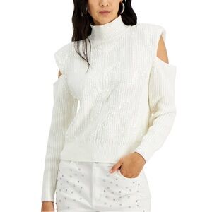 INC Women's Cable-Knit Cold Shoulder Pullover Sweater, White, Size XXL